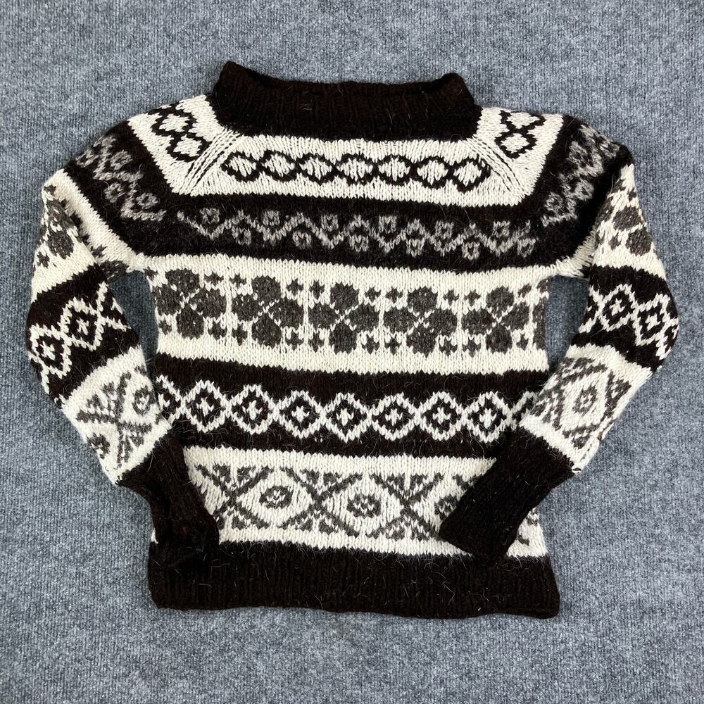 Handmade Wool Sweater‎ Womens S Brown Cream Fair Knit Pullover Warm Vintage